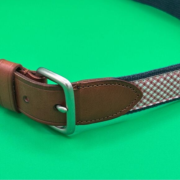 Men's Size 34 J.Crew Leather Blue Canvas Red White Quilt Pattern Belt EUC USA - Picture 2 of 7